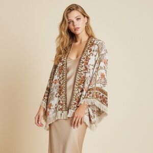 Free People Rays of Light Cream Kimono with Floral Accents Size M